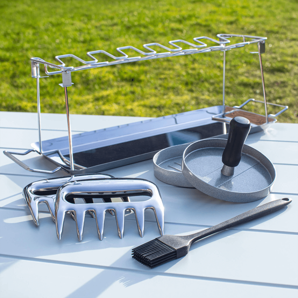 Valiant BBQ Set Includes Burger Press, Rack, Claws & Brush