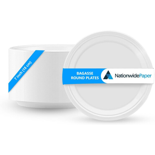 (1 Case (500)) Nationwide Paper 7 Inch Biodegradable Bagasse Round Paper Plates, Strong White Party Plates, 100% Biodegradable Disposable Plates