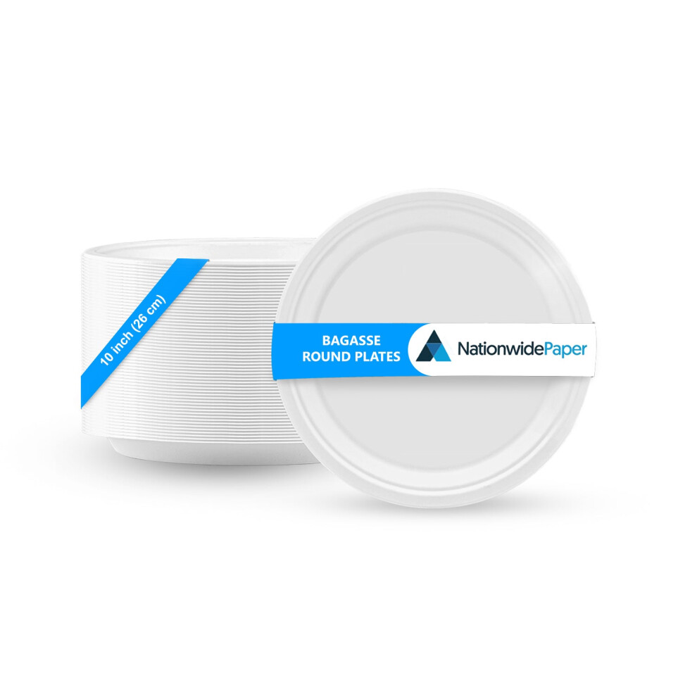 (500, 10 Inch) Nationwide Paper Biodegradable Bagasse Round Paper Plates, Strong White Party Plates, Biodegradable Disposable Plates