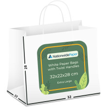 (40) Nationwide Paper White Paper Bags, Shopping Bags with Strong Twisted Handles, For Grocery, Sweets, Food, Merchandise, Retail (32x22x28cm)