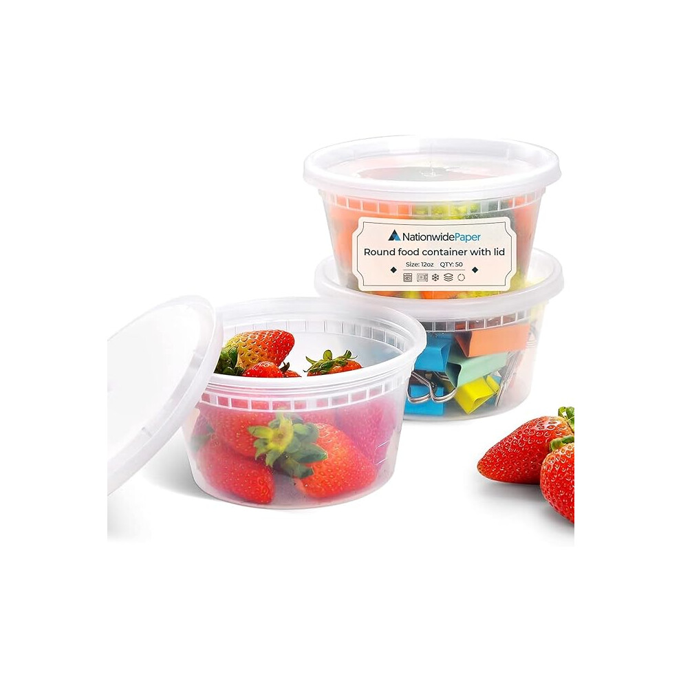 (50) Nationwide Paper 12oz Round Plastic Takeaway Microwave and Freezer Safe Meal Prep Food Containers with Lids, BPA Free (355ml)