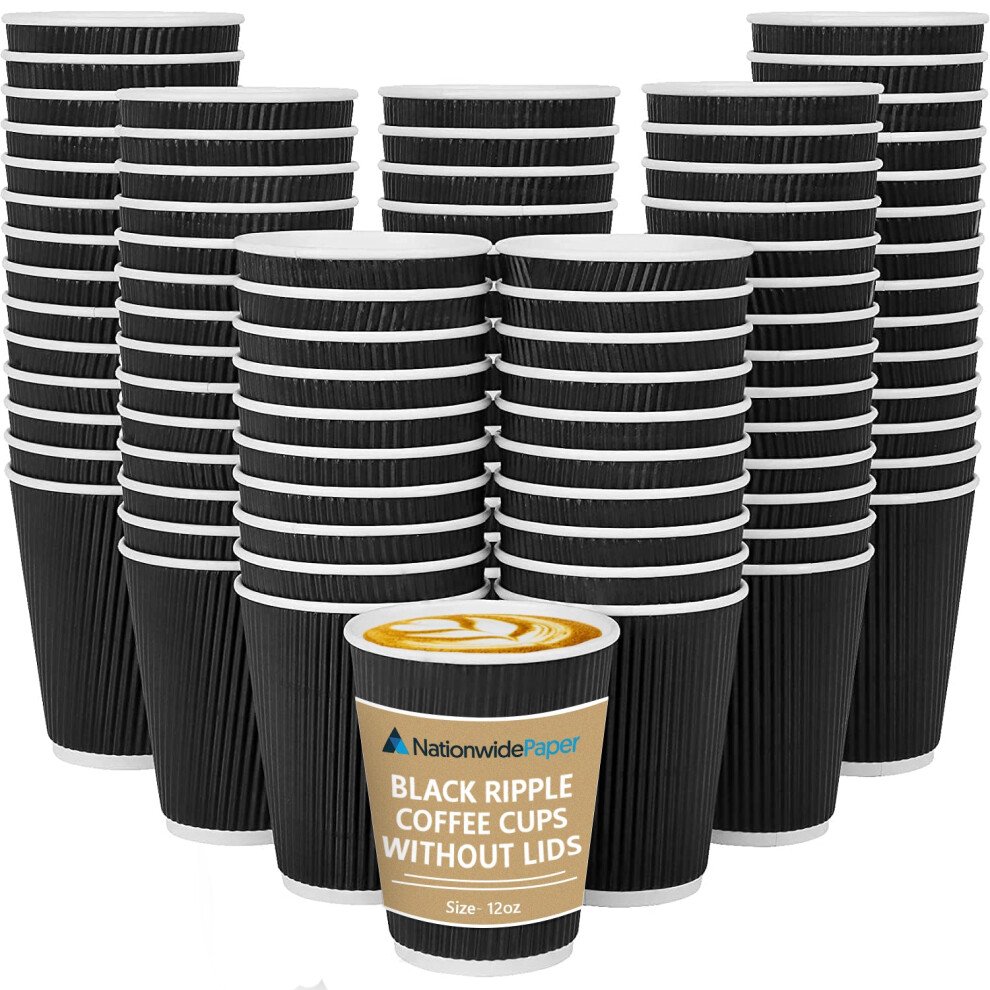 (50) Nationwide Paper Coffee Cups without Lids, Insulated Ripple Hot Paper Cups, Disposable Cups for Hot Drinks, (12oz, Black)