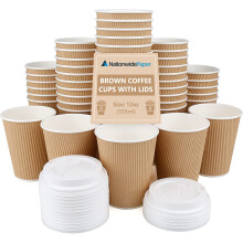 (50) Nationwide Paper Coffee Cups with Lids 12oz Disposable Takeaway Coffee Cups Triple Walled Ripple Cups Brown