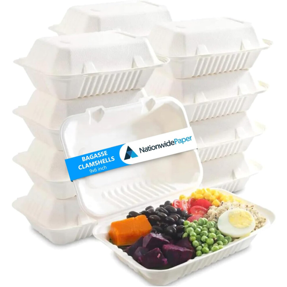 (100) Nationwide Paper 9x6 Inch 1 Compartment Bagasse Clamshell Takeaway Box, Biodegradable Sugarcane Hinged Food Container
