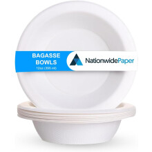 (1 Case (1000)) Nationwide Paper 12oz (355ml) White Bagasse Sugarcane Disposable Bowls, Strong Biodegradable Bowls for Hot Food, Soup, Salad