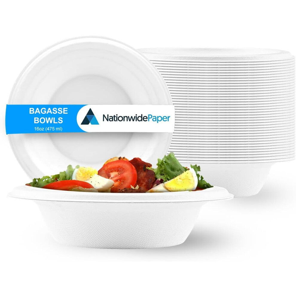 (100) Nationwide Paper 16oz (475ml) White Bagasse Sugarcane Disposable Bowls, Strong Biodegradable Bowls for Hot Food, Soup, Salad