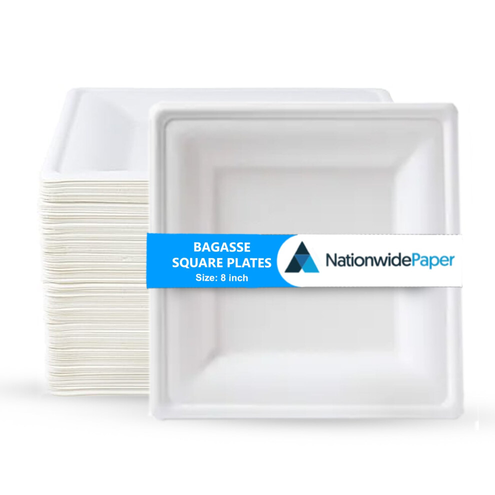 (50) Nationwide Paper 8 Inch Biodegradable Square Paper Plates, Bagasse White Disposable Plates, Strong Party Plates