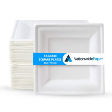 (1 Case (500)) Nationwide Paper 10 Inch Biodegradable Square Paper Plates, Bagasse White Disposable Plates, Strong Party Plates