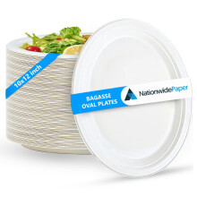 (1 Case (500)) Nationwide Paper 10x12Inch Disposable Oval Paper Plates, Large, Heavy Duty, Eco-Friendly, White Bagasse Paper Plates
