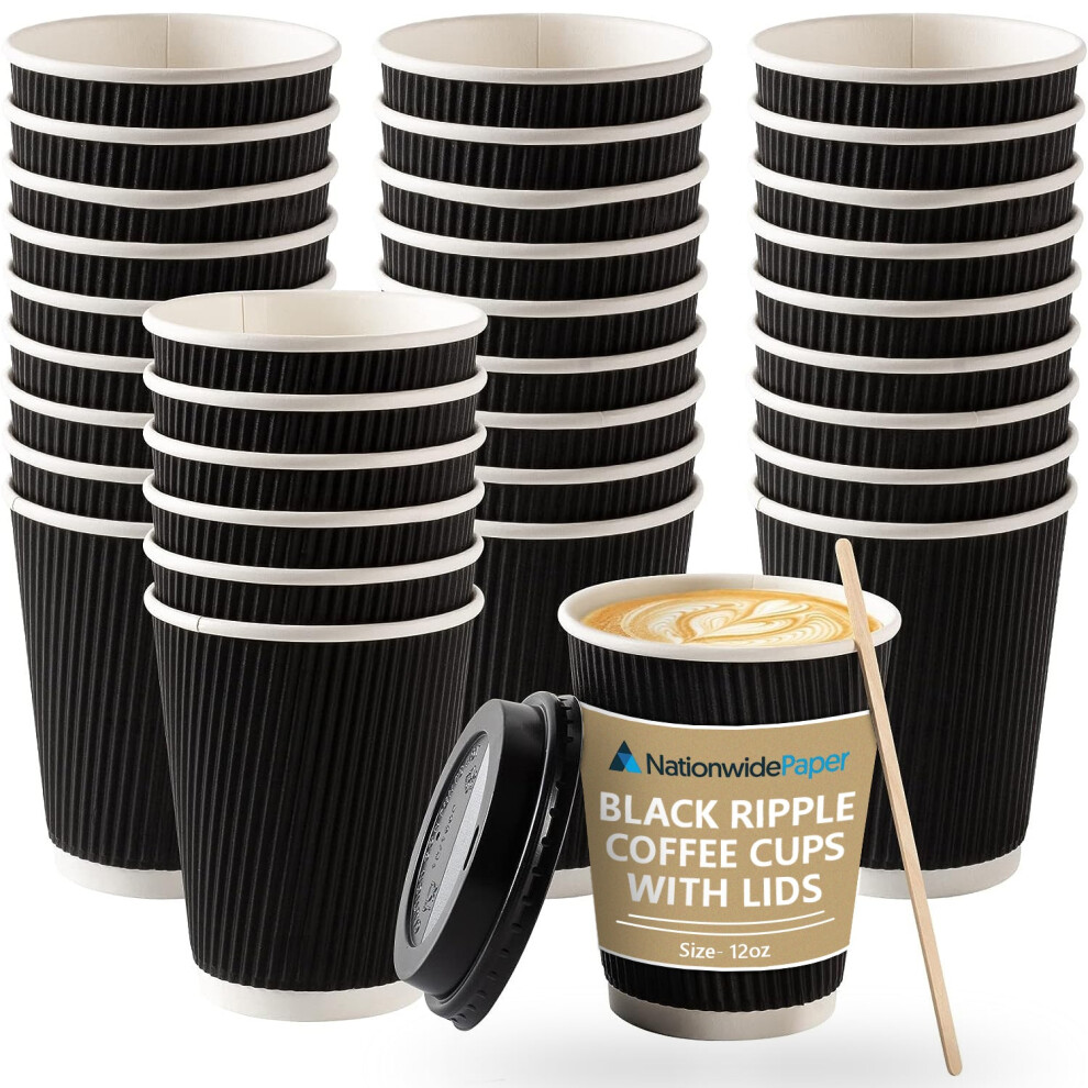 (100) Nationwide Paper Black Coffee Cups with Lids, Insulated Ripple Hot Paper Cups, Disposable Cups for Takeaway Hot Drinks, (12oz)