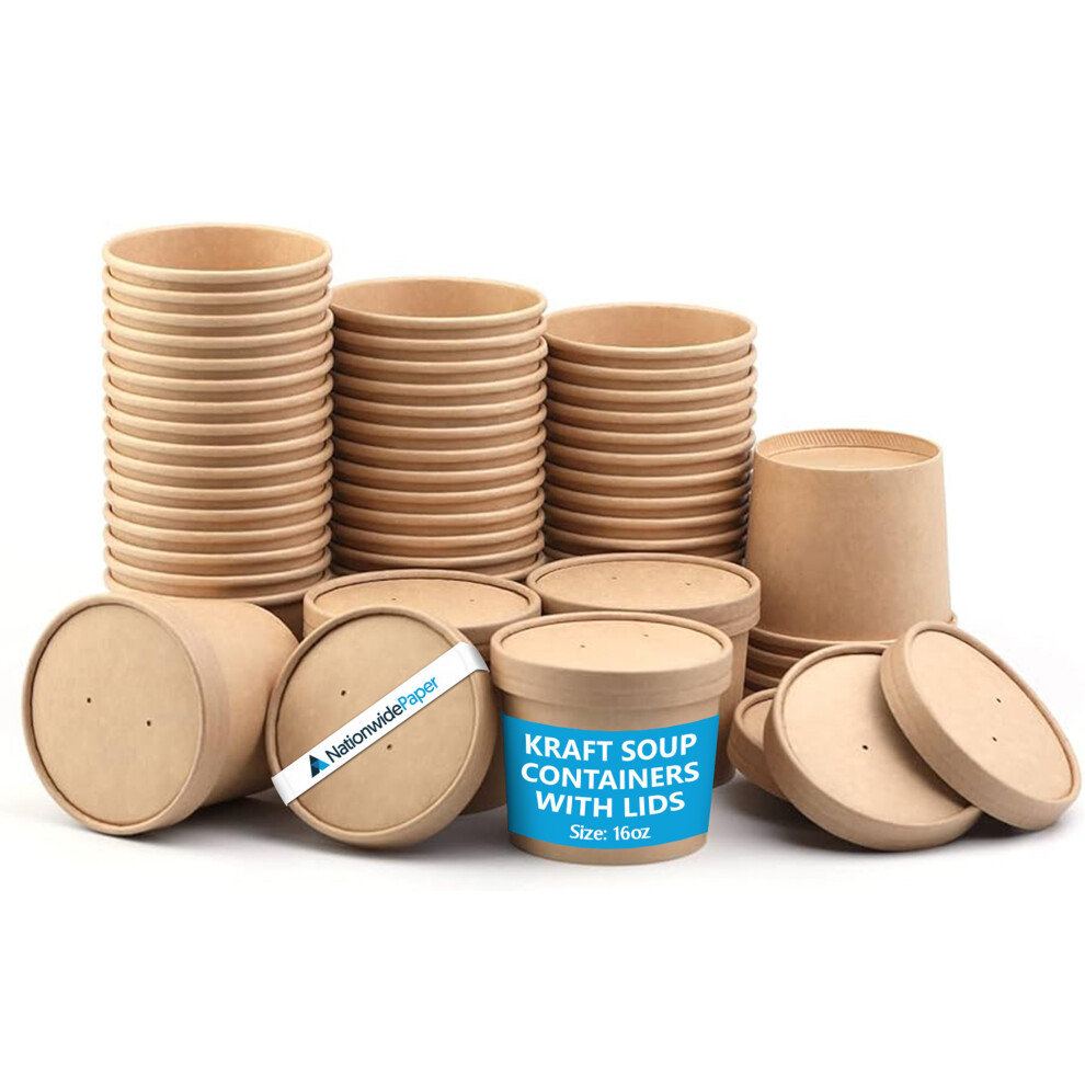 (50) Nationwide Paper Brown Kraft Disposable Takeaway Soup Containers with Lids Paper Soup Cups Disposable Takeaway Tubes for Soup - 16oz (475ml)