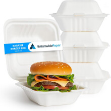 (100) Nationwide Paper 6Inch (15cm) Burger Boxes Takeaway Bagasse Sugarcane White Boxes Microwave and Freezer Safe