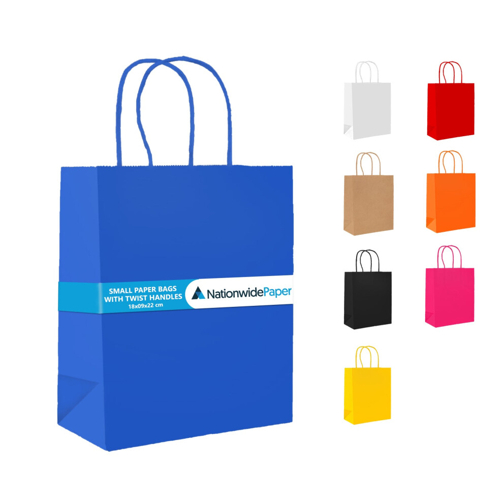 (100) Nationwide Paper Small Blue Paper Bags with Twist Handles, Strong Party Bags, Gift bag DIY and Sweet bags (18x9x22cm)