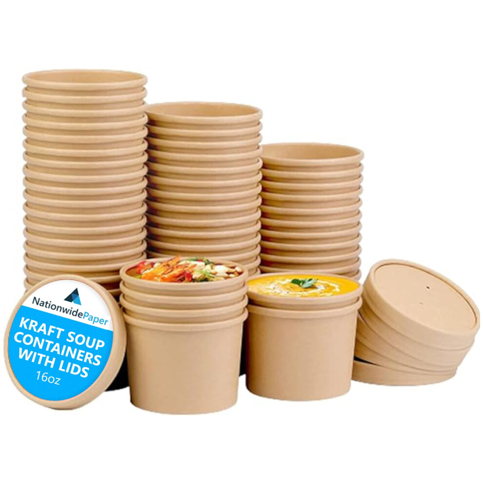 (100, 16oz) Nationwide Paper Brown Kraft Disposable Takeaway Soup Containers with Lids Paper Soup Cups Disposable Takeaway Tubes for Soup