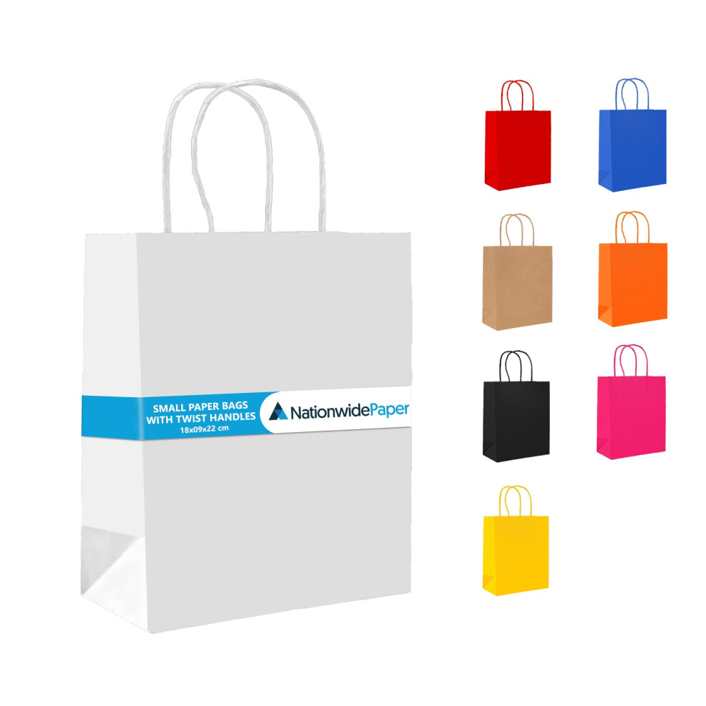 (100) Nationwide Paper Small White Paper Bags with Twist Handles, Strong Party Bags, Gift bag DIY and Sweet bags (18x9x22cm)