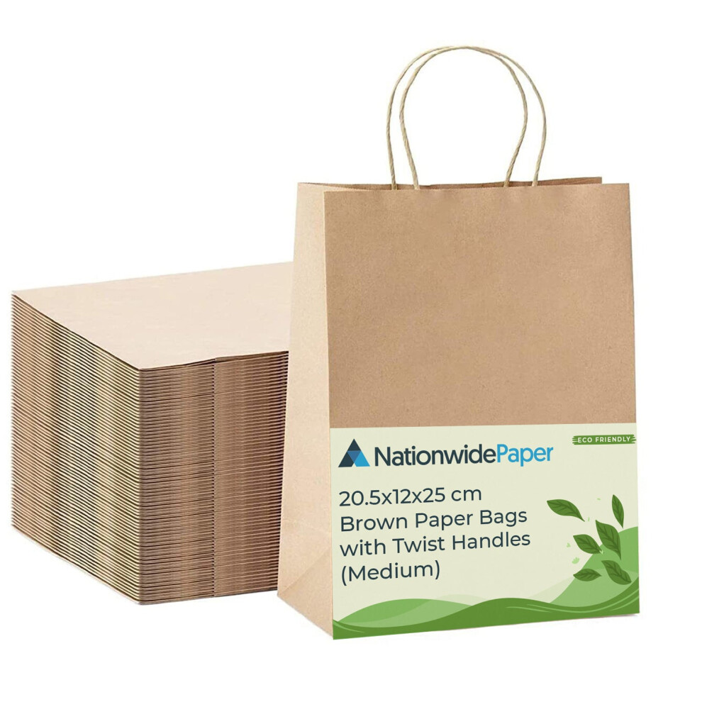 (100) Nationwide Paper Medium Brown Paper Bags, Party Bags, Gift bag DIY and Sweet bags with Strong Twisted Handles (20.5x12x25cm)