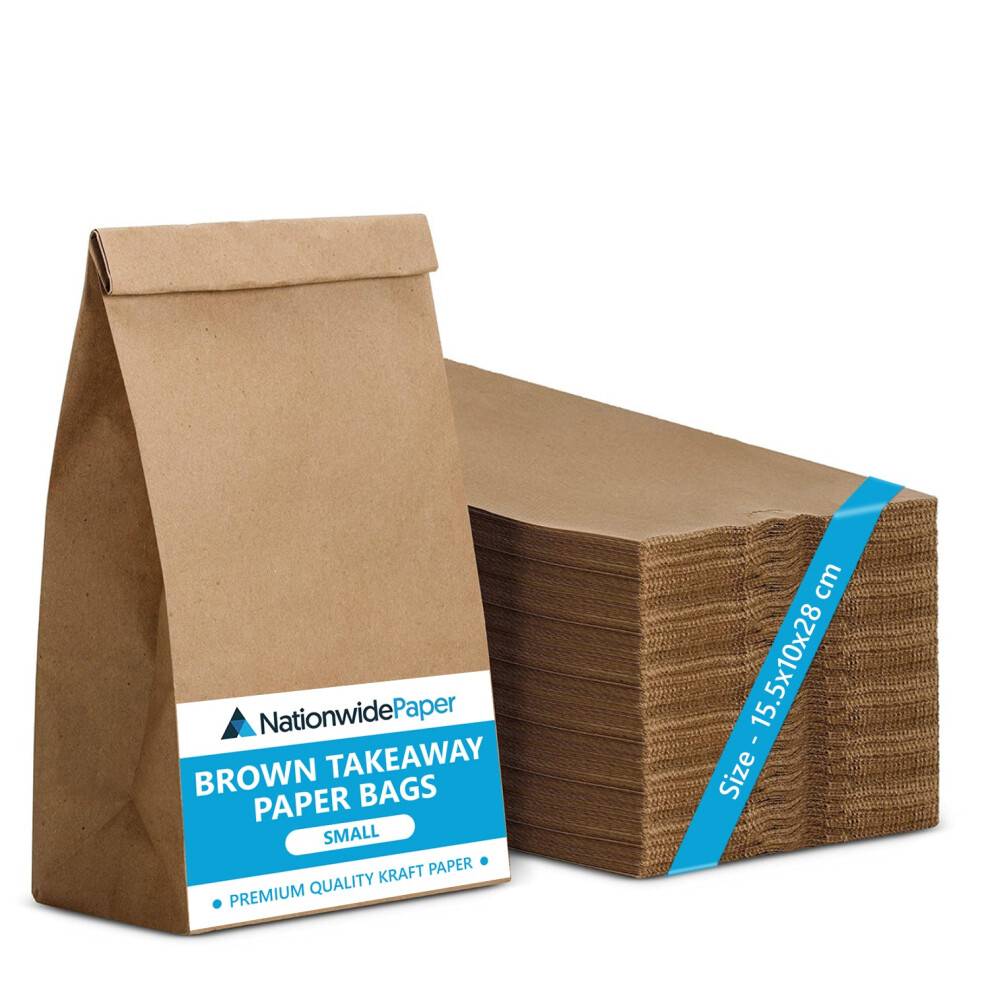 (50) Nationwide Paper Small Brown Paper Bags, Strong Kraft Paper Bags for Takeaway Fruits, Food, Lunch, Sweets and Sandwiches (15.5x10x28cm)