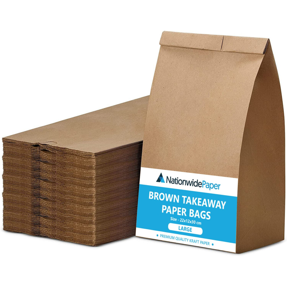 (25) Nationwide Paper Large Brown Paper Bags, Strong Kraft Paper Bags for Takeaway Grocery, Vegetable, Fruits, Food, Lunch (22x12x30cm)