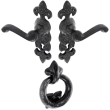 (Pack of 1) Dzina Fleur de LYS Lever Lock Door Handle & Ring Door Knocker Set, Antique Black