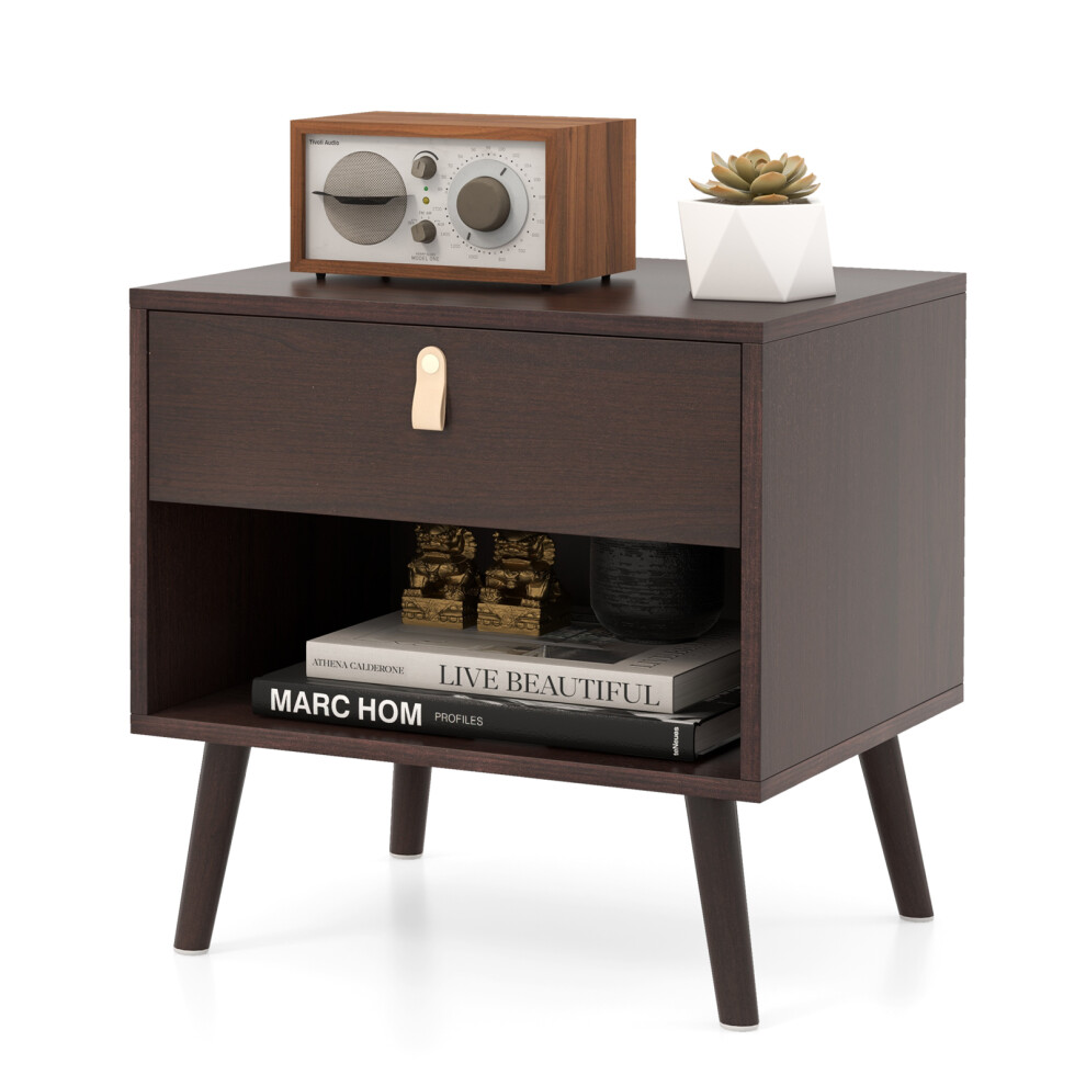 Nightstand with Drawer Mid-Century End Table with Open Storage Shelf