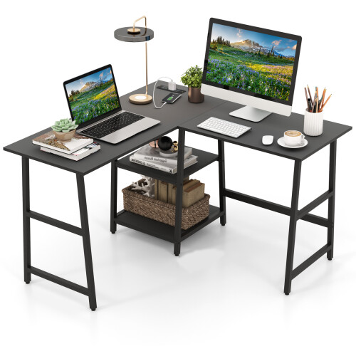Costway 120cm L-Shaped Computer Desk Corner Study Writing Desk w/ Outlets