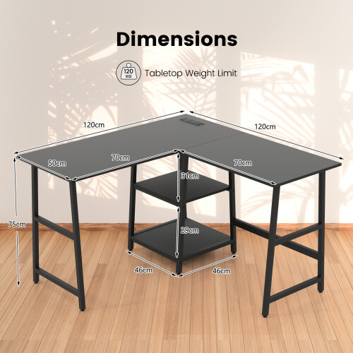 Costway 120cm L-Shaped Computer Desk Corner Study Writing Desk w/ Outlets 1