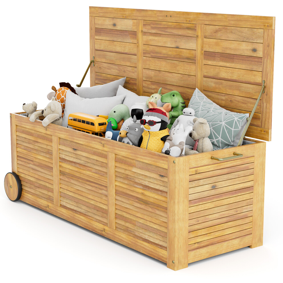 Outdoor Storage Box W/ Wheels Acacia Wooden Patio Storage Deck Box