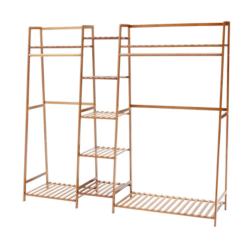 Living And Home (Natural) Trapezoid Bamboo Garment Rack with Tiered Storage Shelves