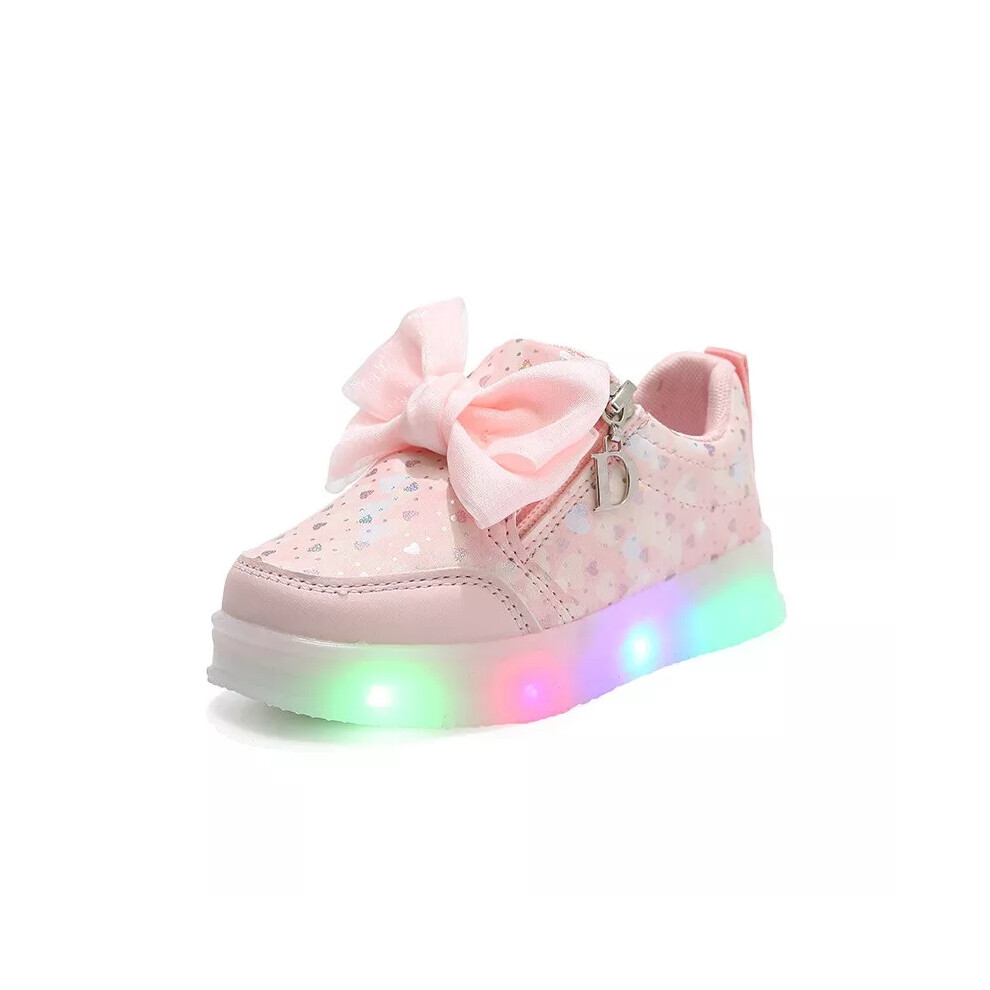 (Pink, UK 5Infant) Girls Kids Bowknot Shoes Toddler Light Up Luminous Trainers LED Flash Sneakers