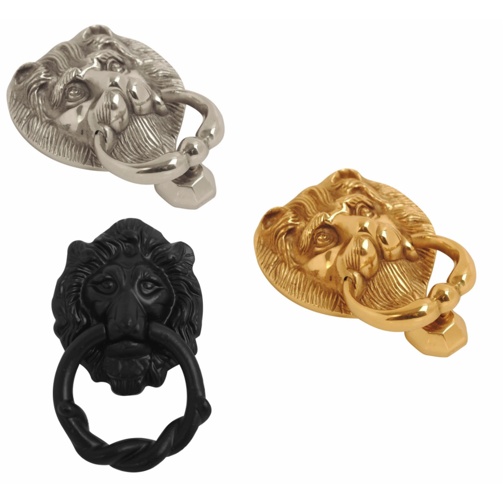 (Polished Brass, 6 Inch) Dzina Lions Head Door Knocker With Ring In Brass,Chrome And Antique Black 5057670088703