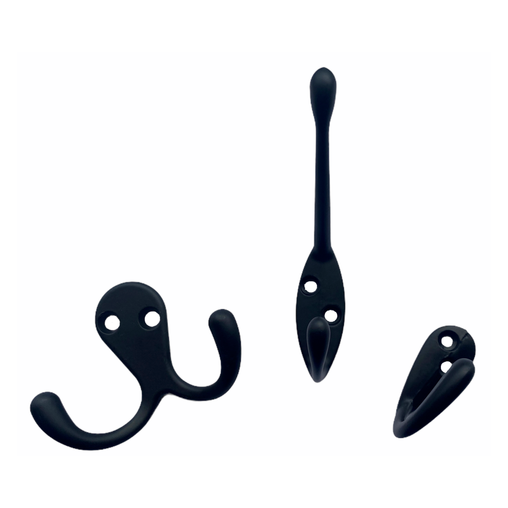 (Double Robe Hook) Dzina Matt Black Hat and Coat Hook Double Single Robe Clothes Hooks (Pack of 4)