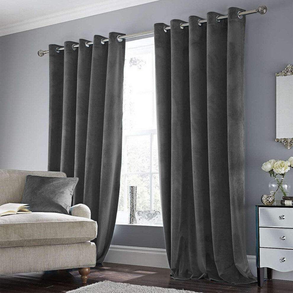 (46" x 54" (116cm x 137cm), Grey Velvet Curtain) Velvet Curtains Eyelet Ring Top Pair Fully Lined