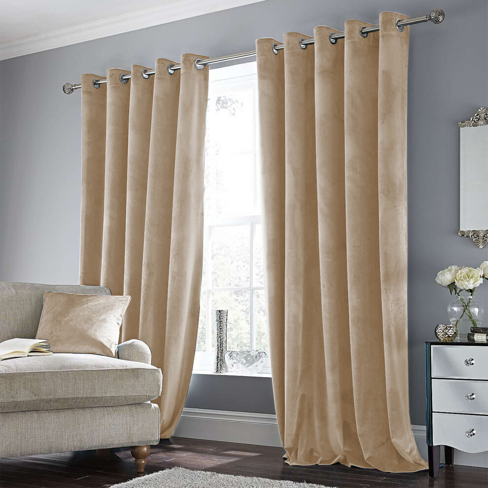 (90" x 90" (228cm x 228cm), Beige Velvet Curtain) Velvet Curtains Eyelet Ring Top Pair Fully Lined