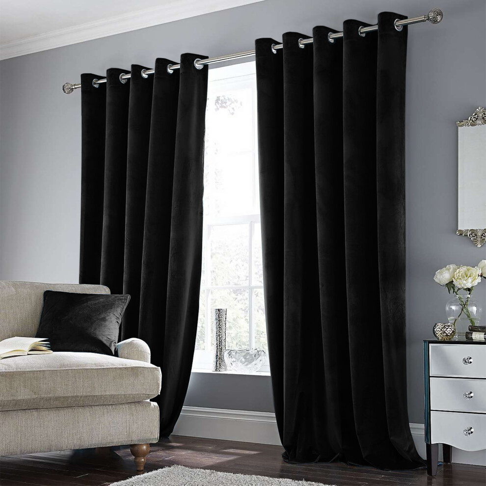 (46" x 54" (116cm x 137cm), Black Velvet Curtain) Velvet Curtains Eyelet Ring Top Pair Fully Lined