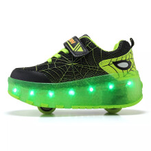 (UK 10.5Kids/29/18.7 CM, Black Green) Kids Boys Girls Wheel Trainers Skates Shoes Flash Roller Skate Sneakers Spider *