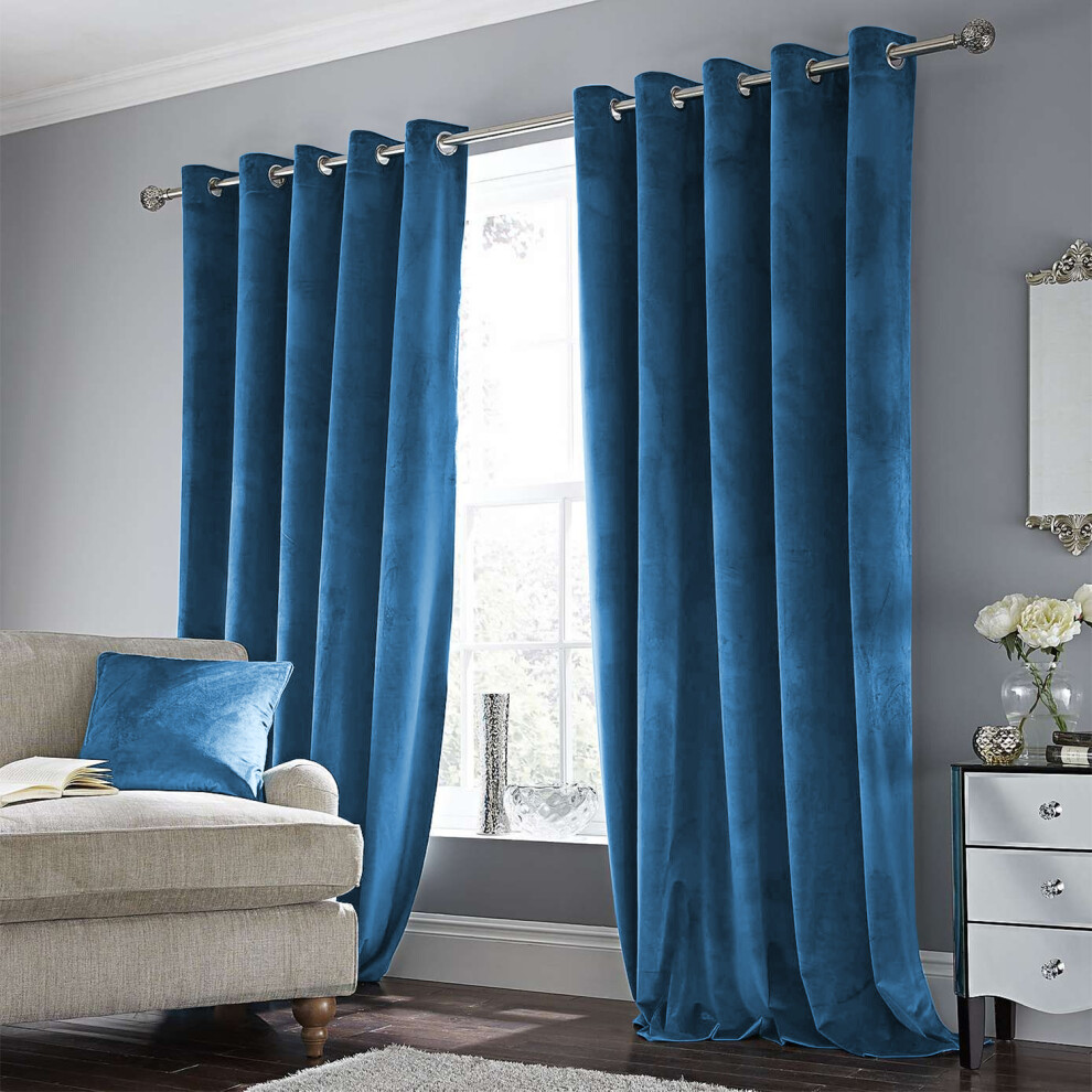 (90" x 90" (228cm x 228cm), Blue Velvet Curtain) Velvet Curtains Eyelet Ring Top Pair Fully Lined