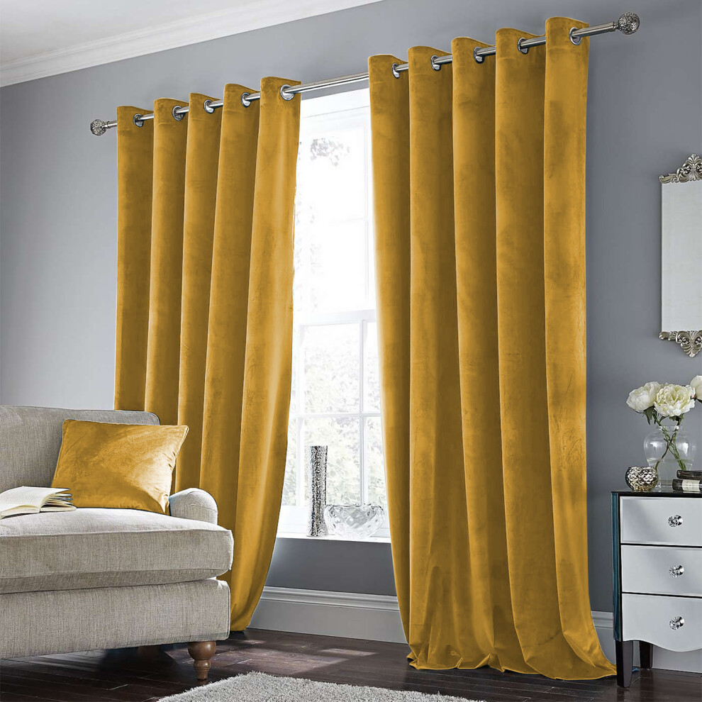 (46" x 54" (116cm x 137cm), Ochre/Yellow Velvet Curtain) Velvet Curtains Eyelet Ring Top Pair Fully Lined