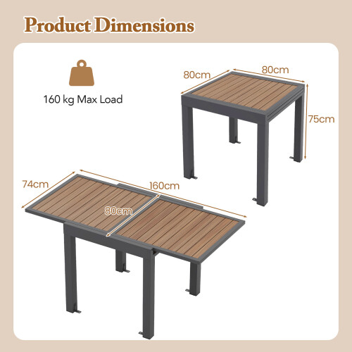 Costway Extendable Patio Dining Table Wood-like Aluminum Table w/ Stable Legs 1