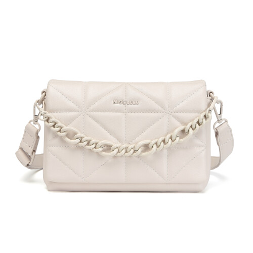 Miss Lulu (Beige) Chic Quilted Shoulder Bag With Chain Strap