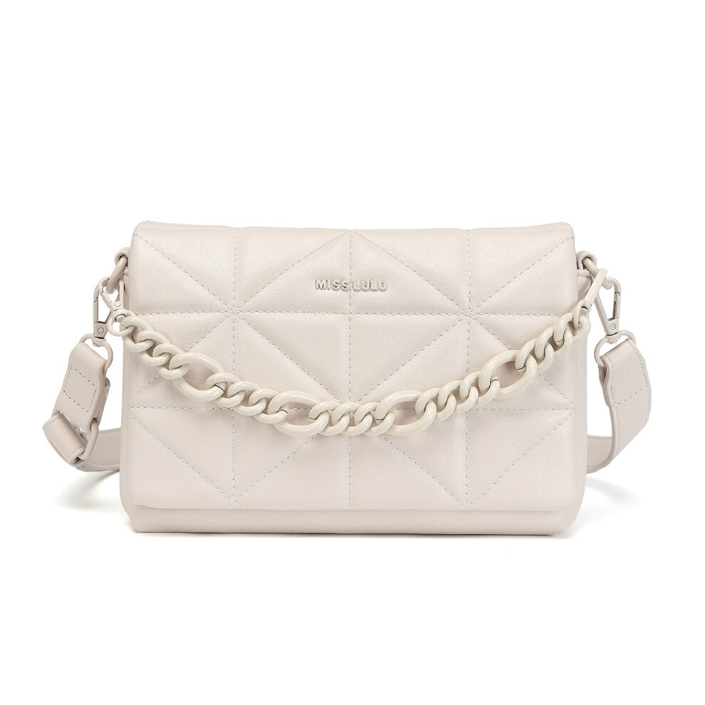 (Beige) Chic Quilted Shoulder Bag With Chain Strap