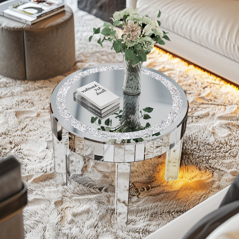 23.62 inch Luxury Mirrored Round End Table with Crystal Diamonds Table