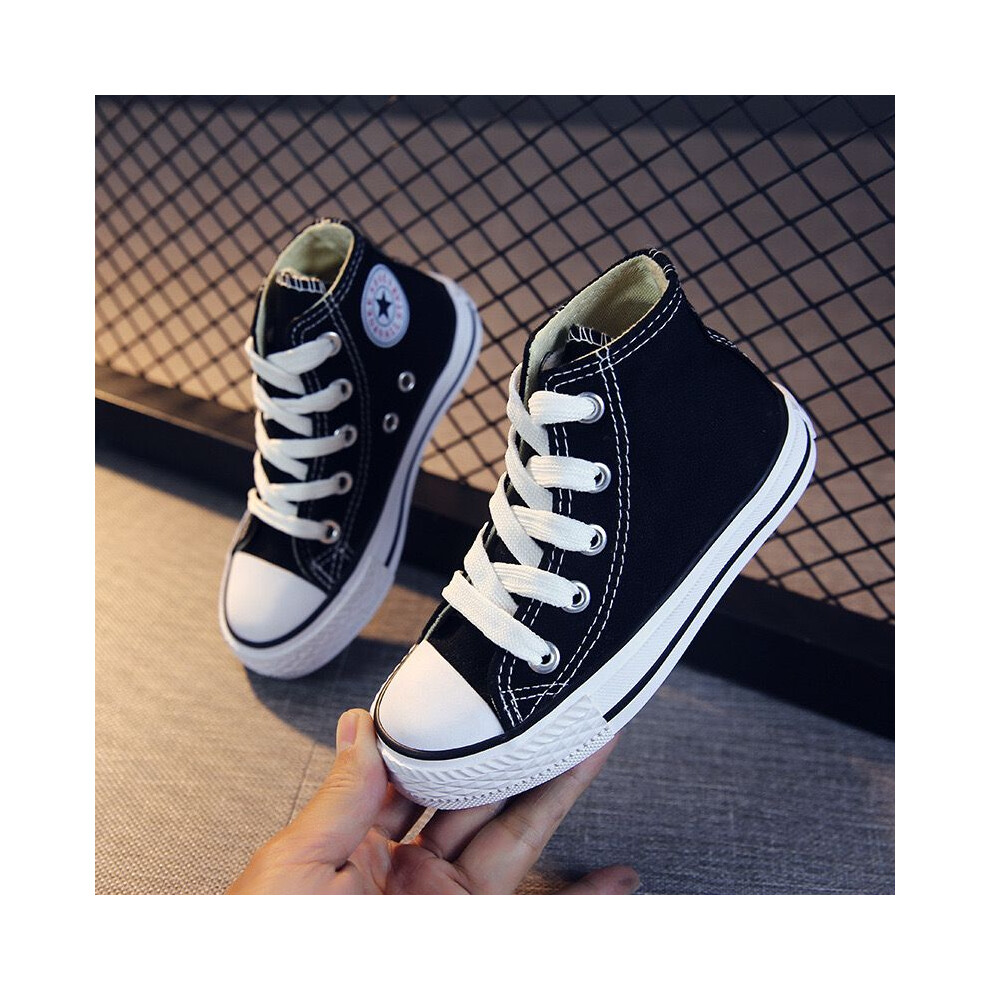 (Black, UK 10 Kids=EU 28) Kids High Top Canvas Shoes School Trainers Boys Girls Lace Up Casual Sneakers