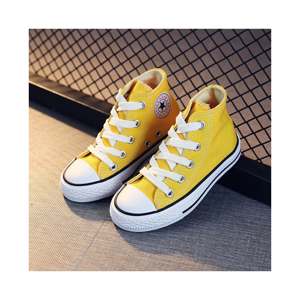 (Yellow, UK 7.5 Infant=EU 25) Kids High Top Canvas Shoes School Trainers Boys Girls Lace Up Casual Sneakers