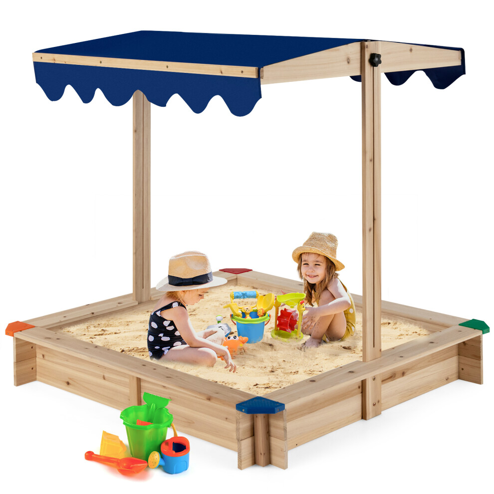 Kids Wooden Sandbox with Height-adjustable Canopy & Bottomless Design