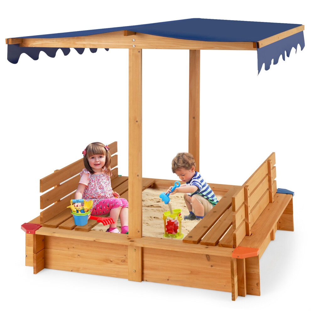 Kids Wooden Sandbox w/ Canopy & Convertible Seat Benches