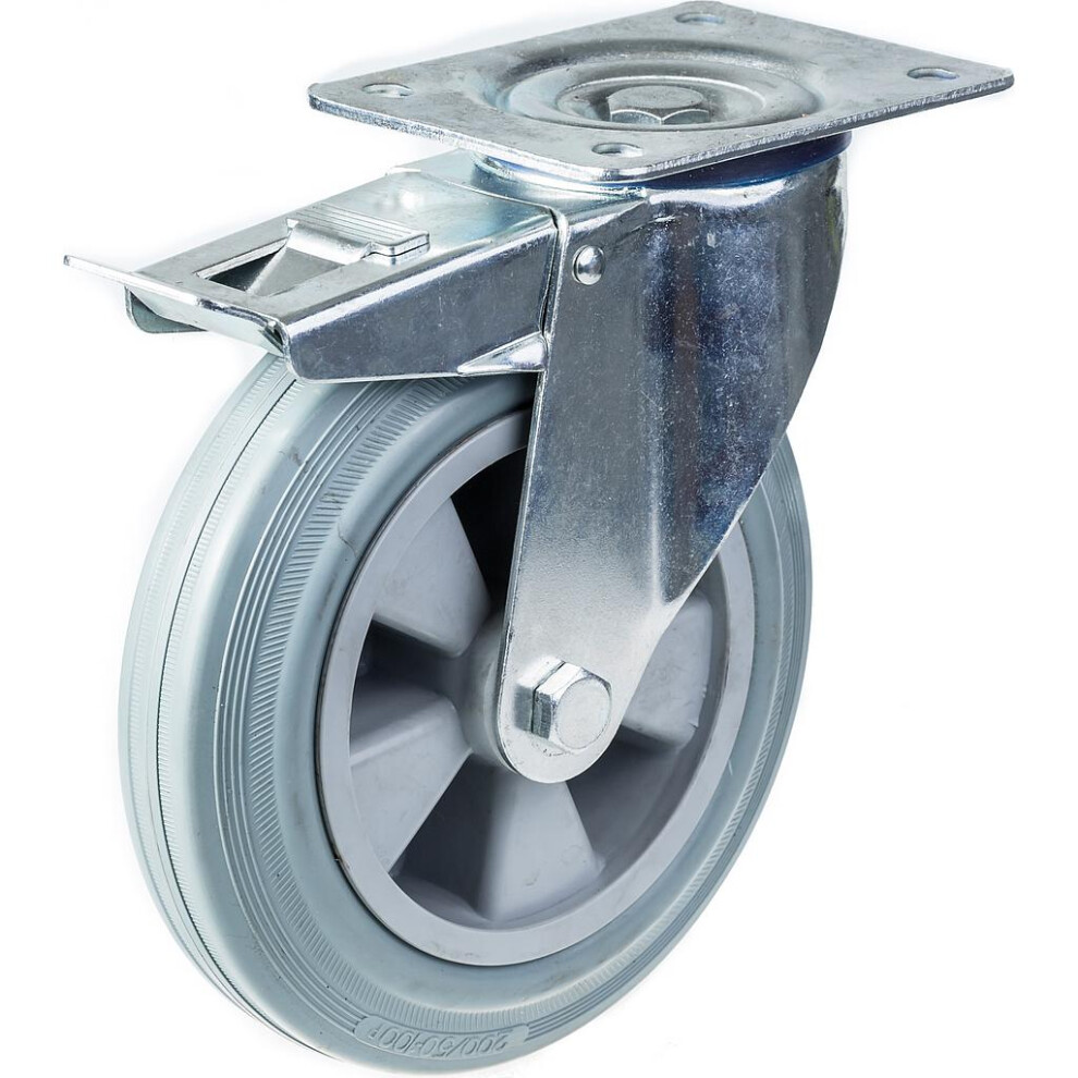 200Mm 8" Castor Grey Rubber Tyre Swivel With Brake Strong 205Kg Capacity 5056116821324
