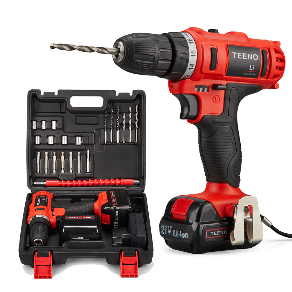 TEENO Cordless Drill Driver 21V ,Battery Powered Screwdriver with 2X 1.5Ah Lithium Battery and 20 Accessories,2 Speeds,18+1Torque