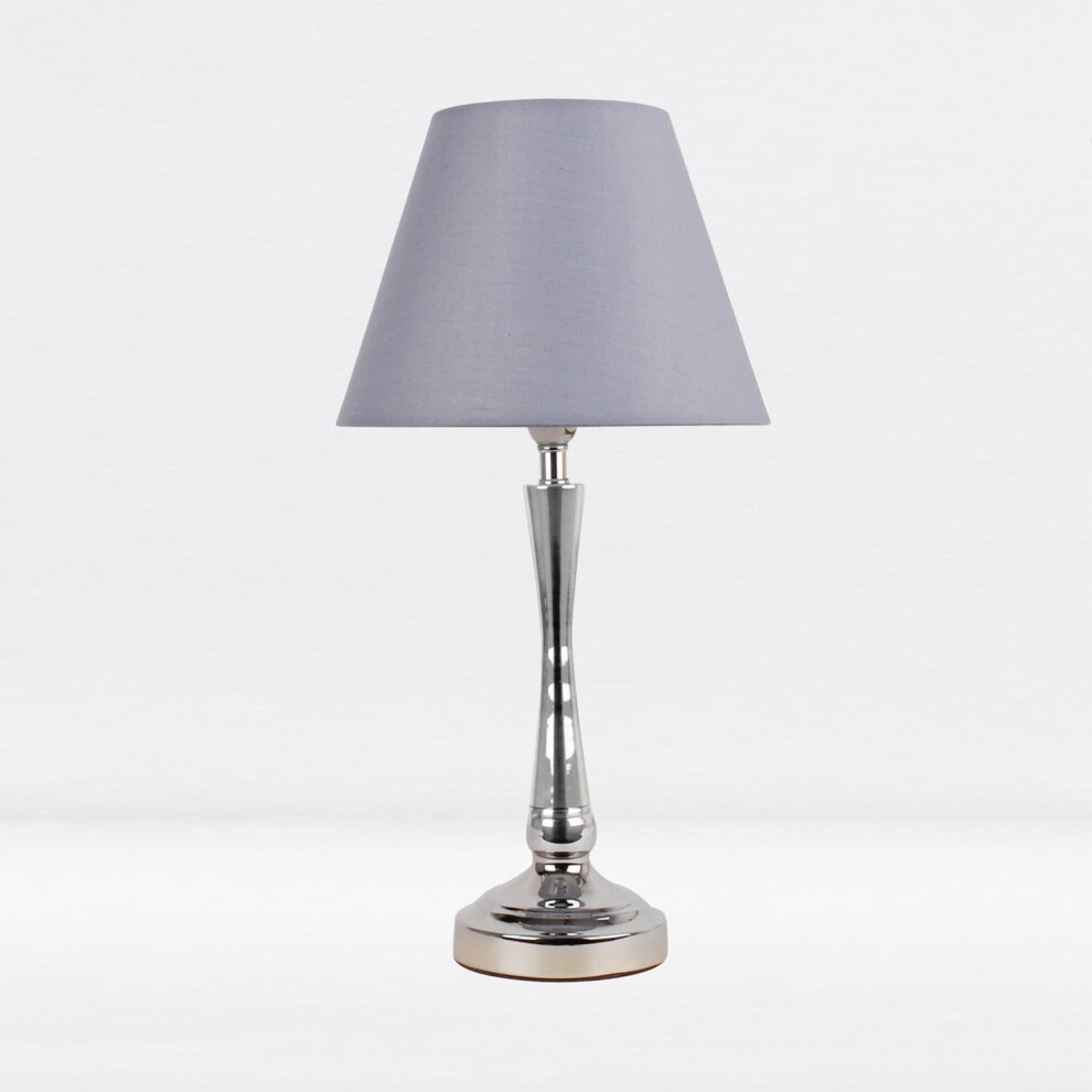 Chrome Plated Bedside Table Light with Curved Column Grey Fabric Shade