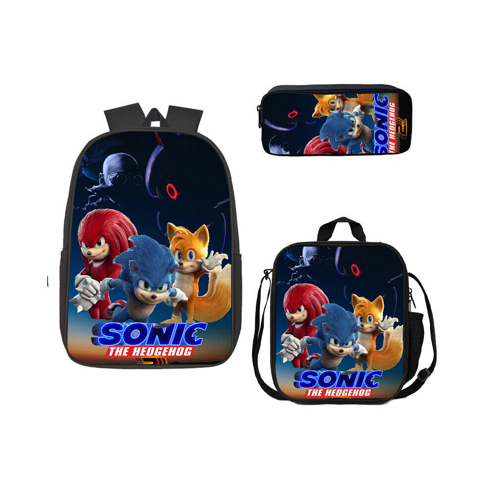 (12) 3PCS Sonic School Bag Lunch Bag Pencil Case Kids Set