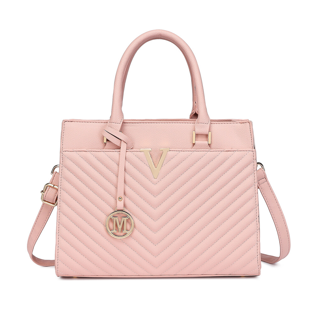 (Pink) Chic V-Quilted PU Leather Sophisticated Handbag